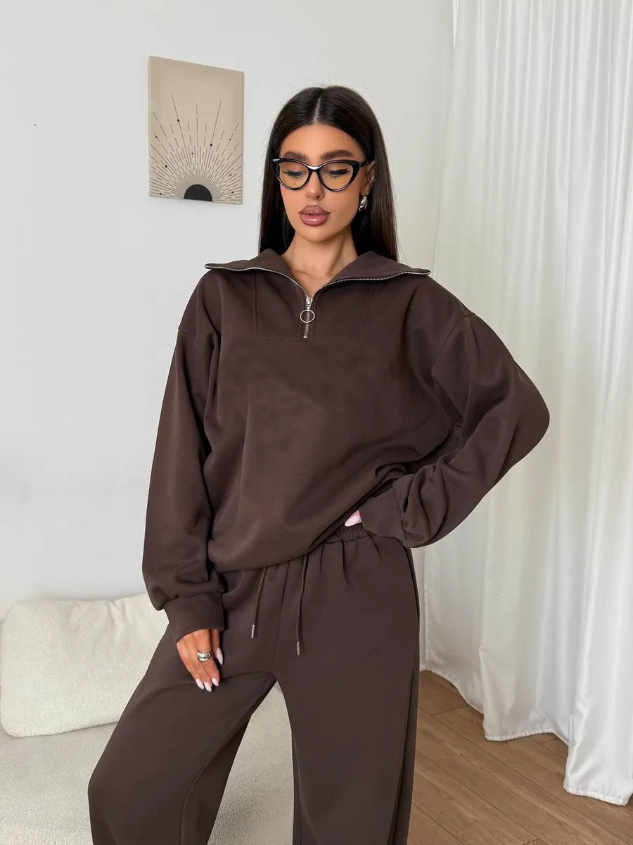 Damen eleganter Fleece-Sportanzug mit hochgeschlossenem Kragen und praktischem Reißverschluss Drune