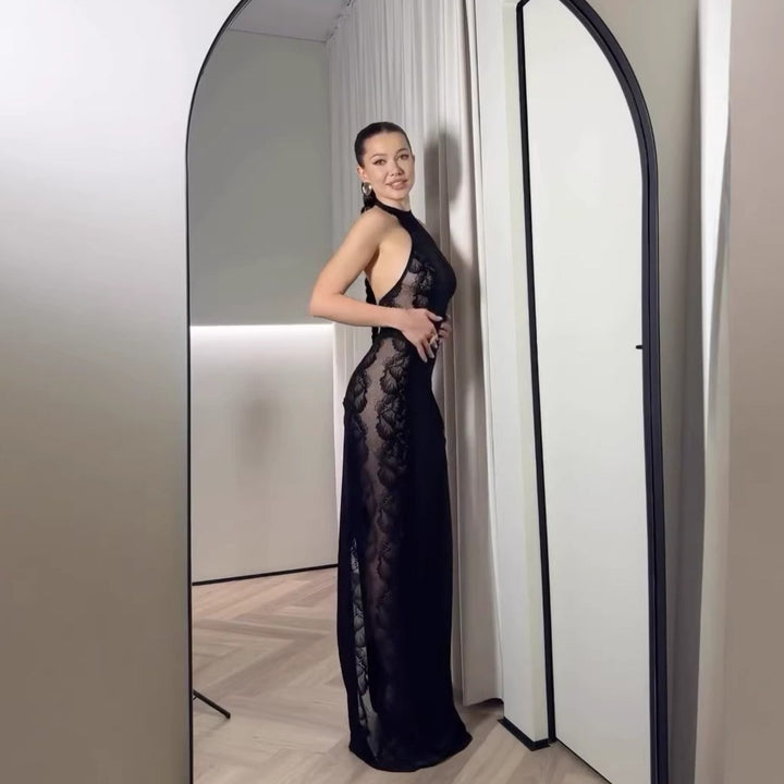 Damen Elegantes Spitzenkleid mit hohem Kragen und seitlichem Schlitz Drune