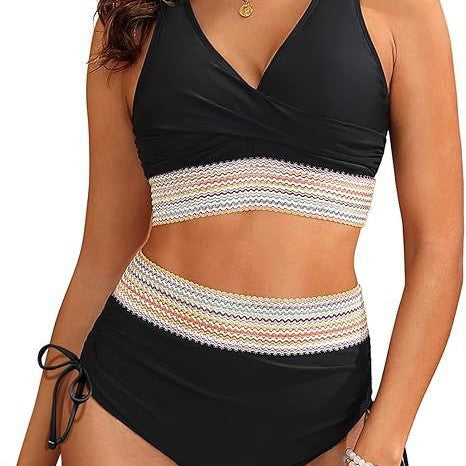 Damen Hochgeschnittener Bikini mit eleganter Wickeloptik und dekorativem Bund Drune