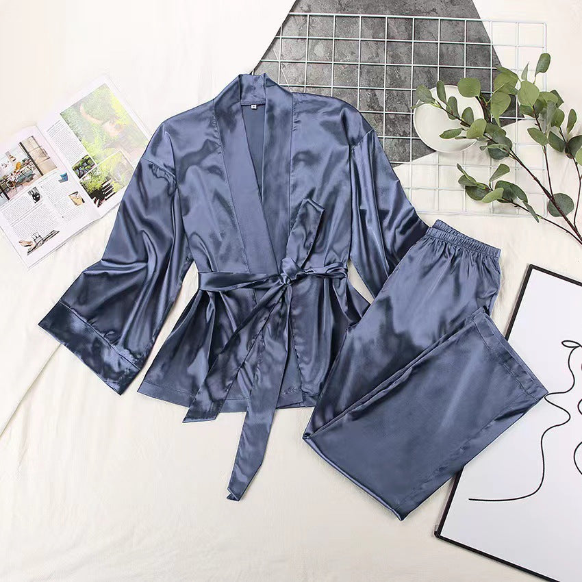Damen satinierter Kimono-Style Morgenmantel und Hose Set Drune