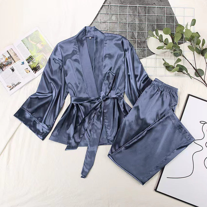 Damen satinierter Kimono-Style Morgenmantel und Hose Set Drune