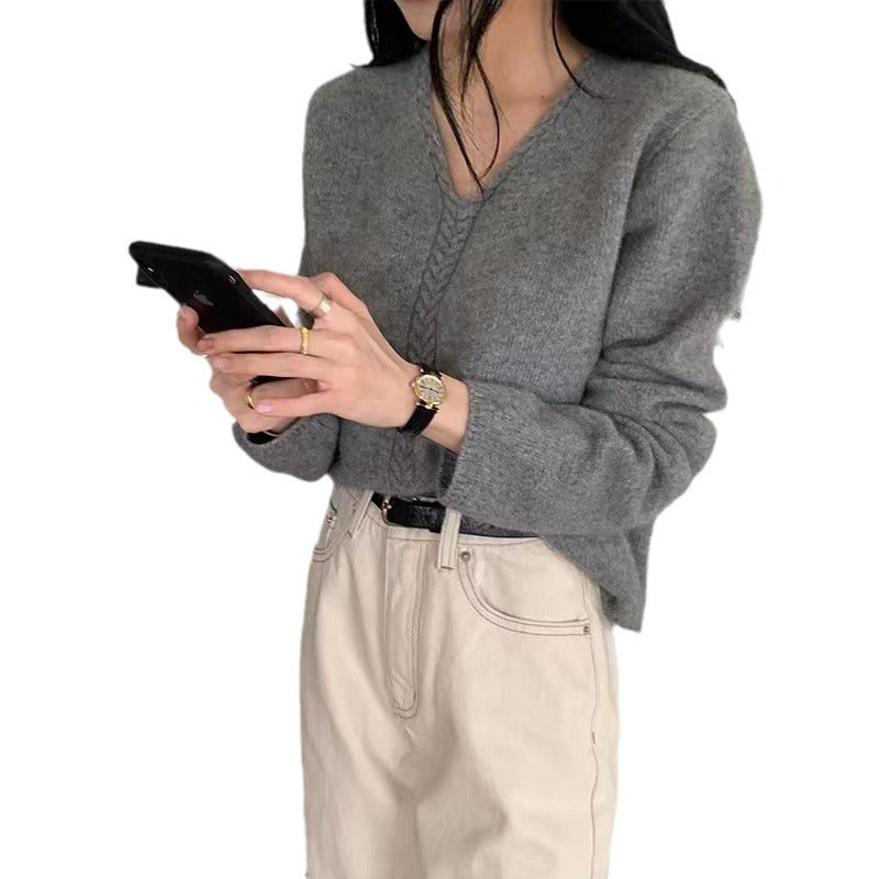 Damen Eleganter V-Ausschnitt Pullover mit feinem Zopfmuster Drune