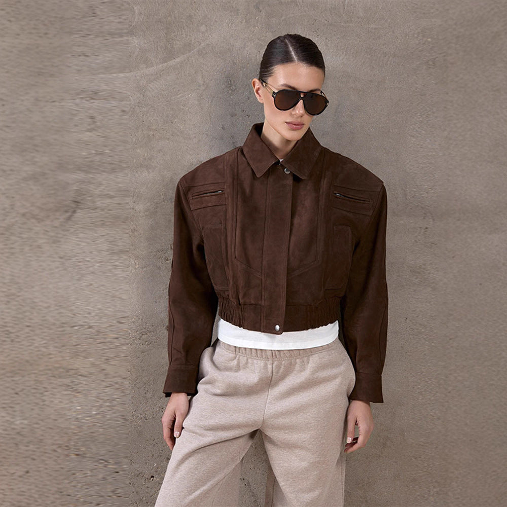 Damen Modische Wildlederjacke im cropped Stil mit praktischen Taschen Drune