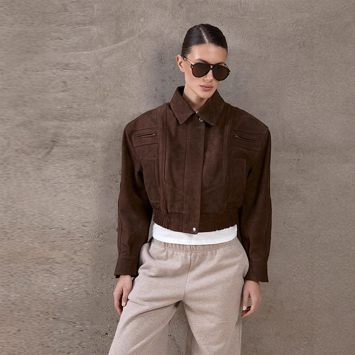 Damen Modische Wildlederjacke im cropped Stil mit praktischen Taschen Drune