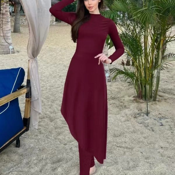 Damen eleganter Strandanzug mit asymmetrischem Schnitt und langen Ärmeln Drune