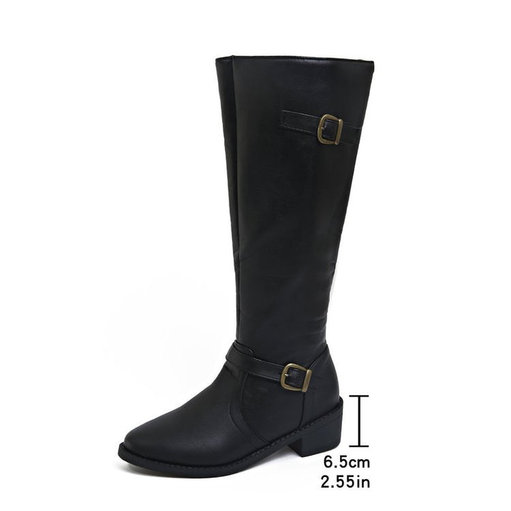 Damen nan kniehohe Reitstiefel mit dekorativen Schnallen und ergonomischem Blockabsatz Drune