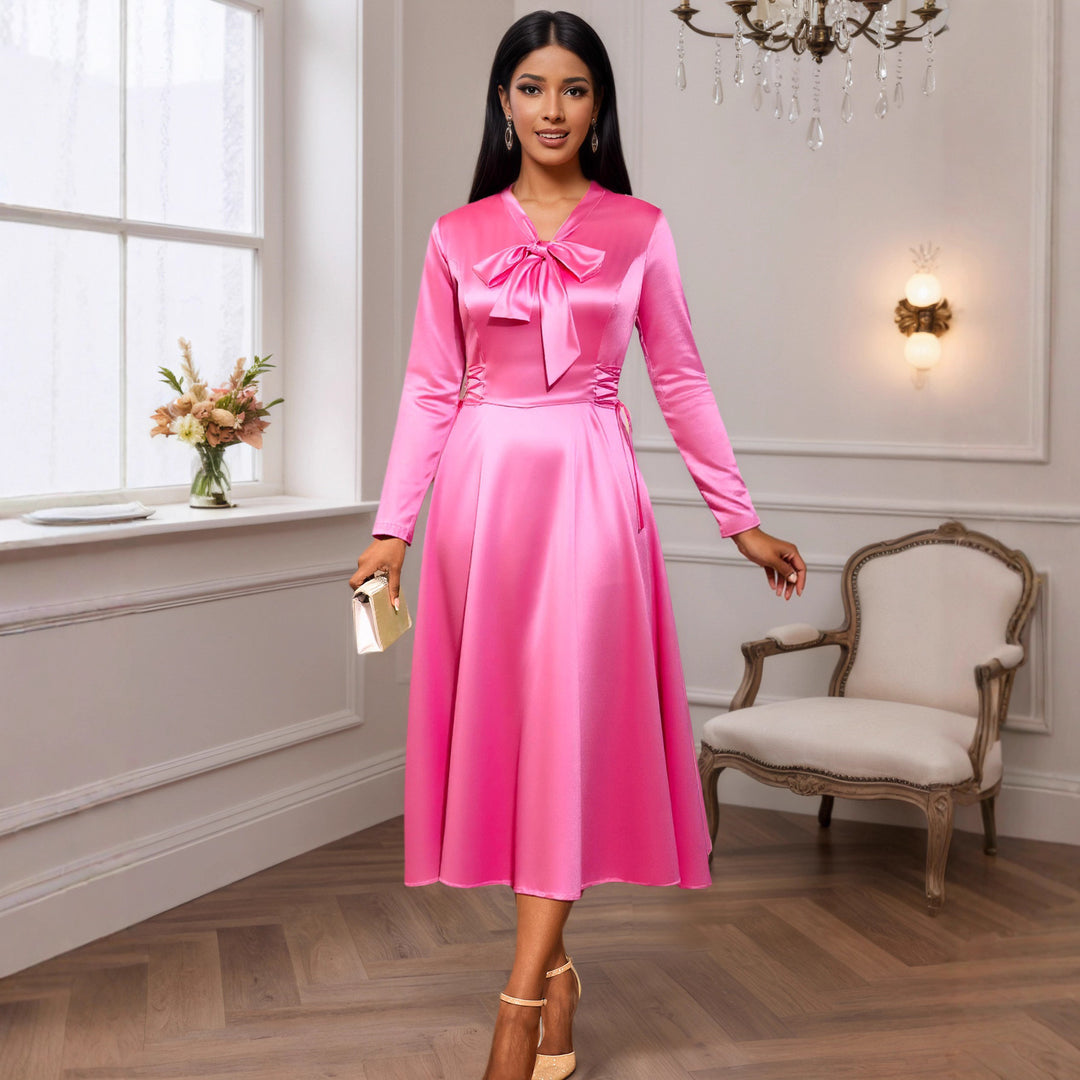 Damen Elegantes Midikleid mit Raffinierter Schleifenbindung Drune
