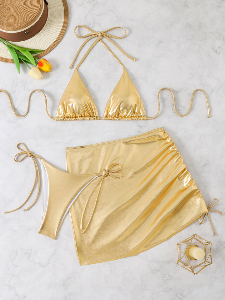 Damen Triangel-Bikini-Set mit glänzender Oberfläche und verstellbaren Bindebändern Drune