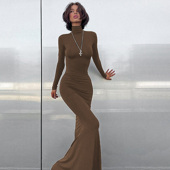 Damen Elegantes Maxikleid mit hochgeschlossenem Hals und figurbetontem Schnitt Drune