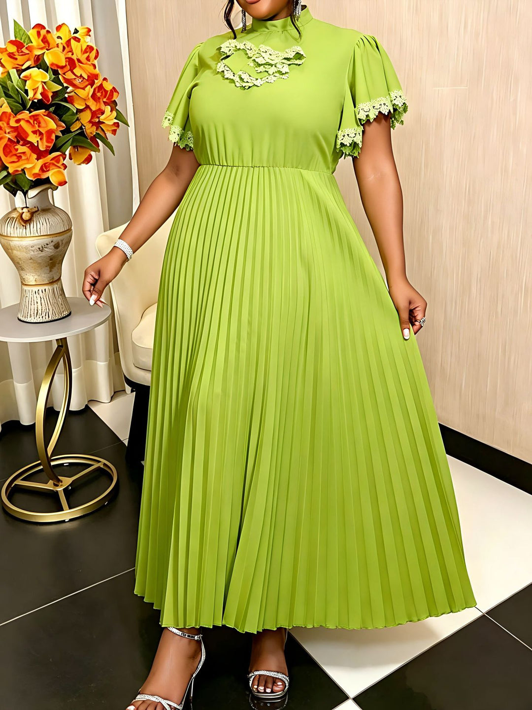 Damen Elegantes Maxi-Kleid mit Plisseefalten und Rüschendetails Drune