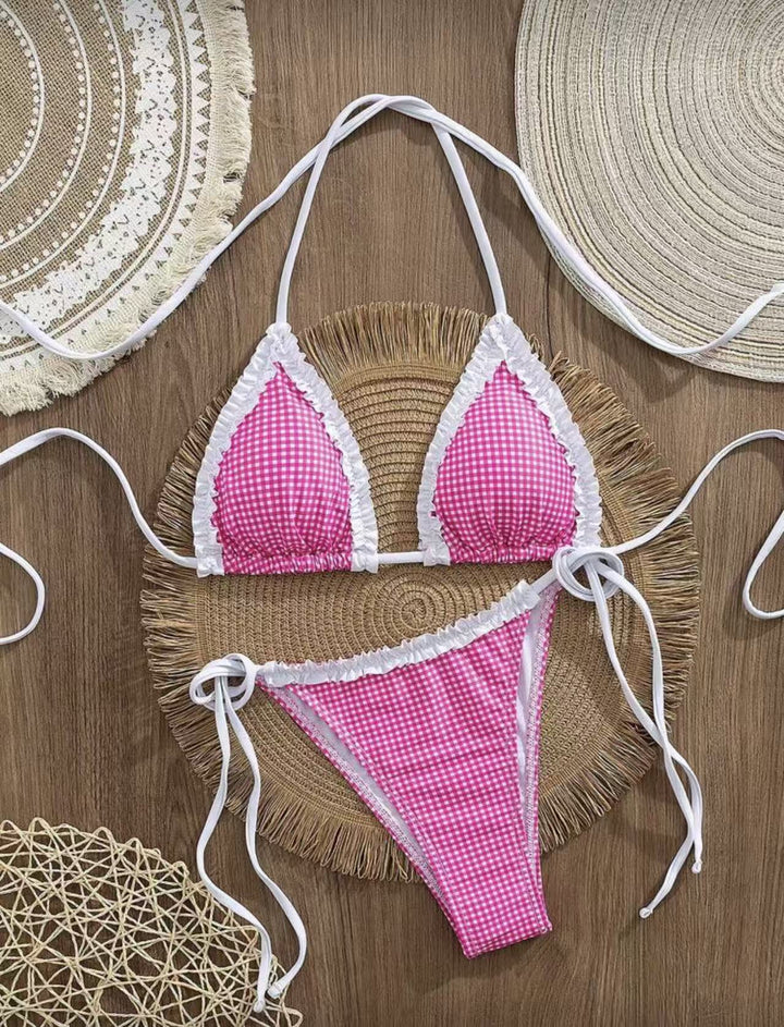 Damen Bikini-Set mit verspieltem Karomuster und charmanten Rüschendetails Drune