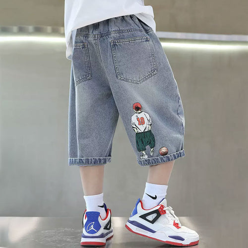 Jungen lässige Denim-Shorts mit coolem Basketball-Motiv Drune