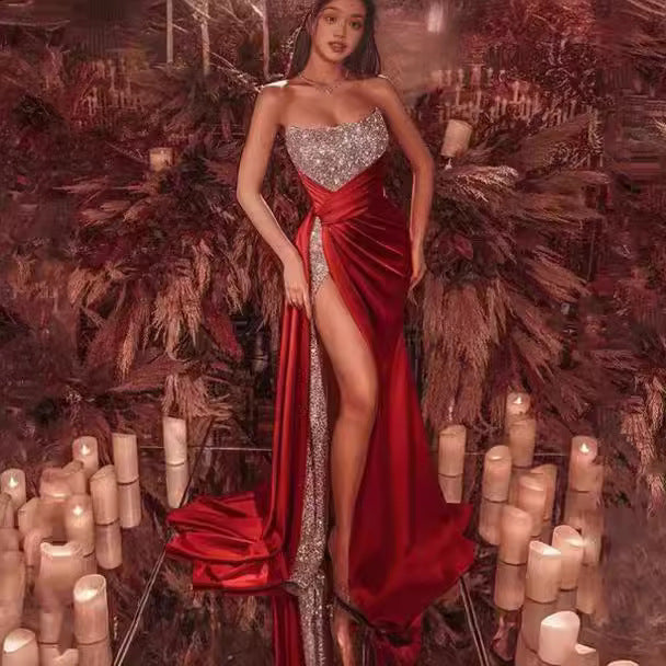 Damen Glamouröses Maxikleid mit funkelndem Oberteil und hohe Beinschlitz Drune