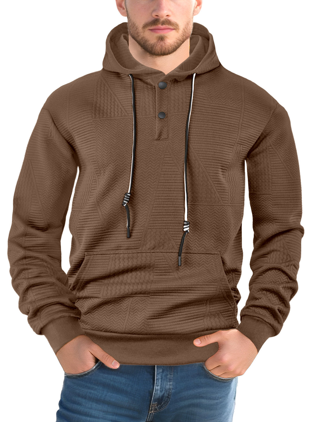 Herren nan strukturierter Kapuzenpullover mit Druckknopfleiste und Kängurutasche Drune