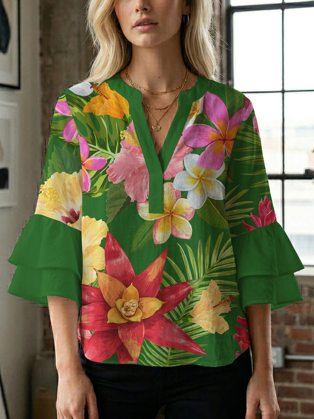 Damen Blusenshirt mit voluminösen Ärmeln und floralem Muster Drune