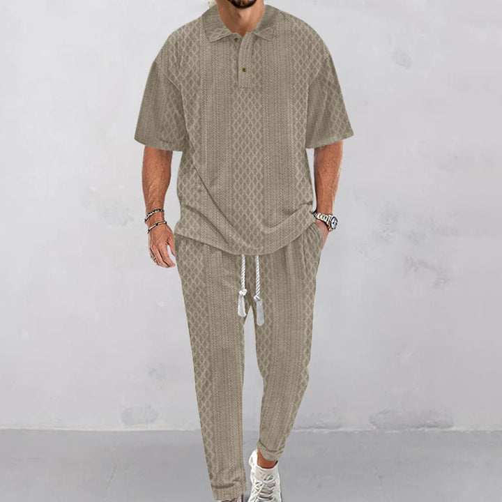 Herren nan Jacquard-Loungewear-Set mit Polokragen Kordelzugbund und konisch geschnittener Jogginghose Drune