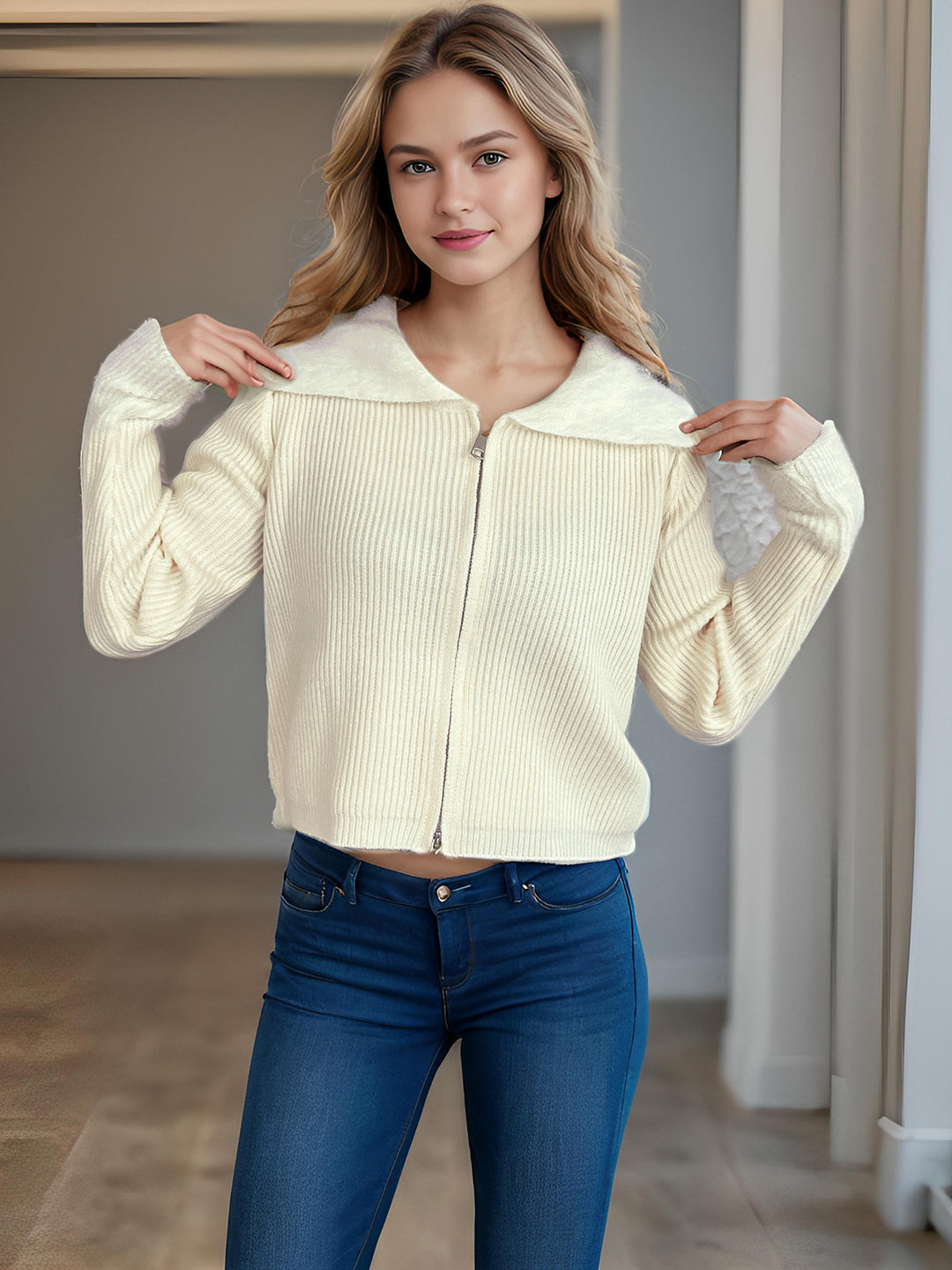 Damen bequeme Strickjacke mit praktischen Reißverschluss-Details und modernen Puffärmeln Drune