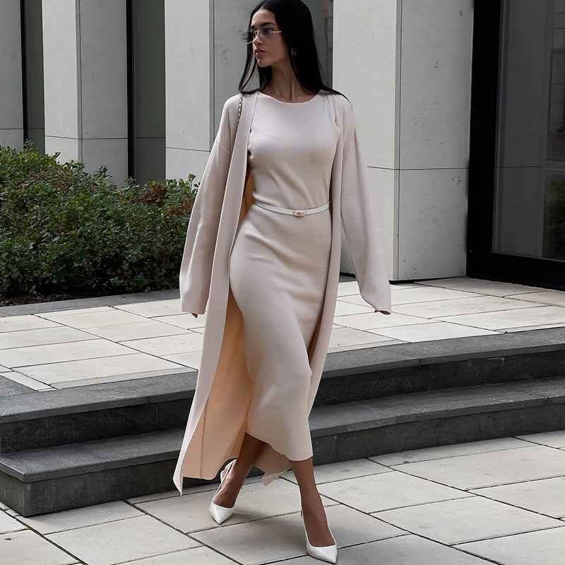 Damen elegantes Maxikleid mit passendem Oversized-Mantel Drune