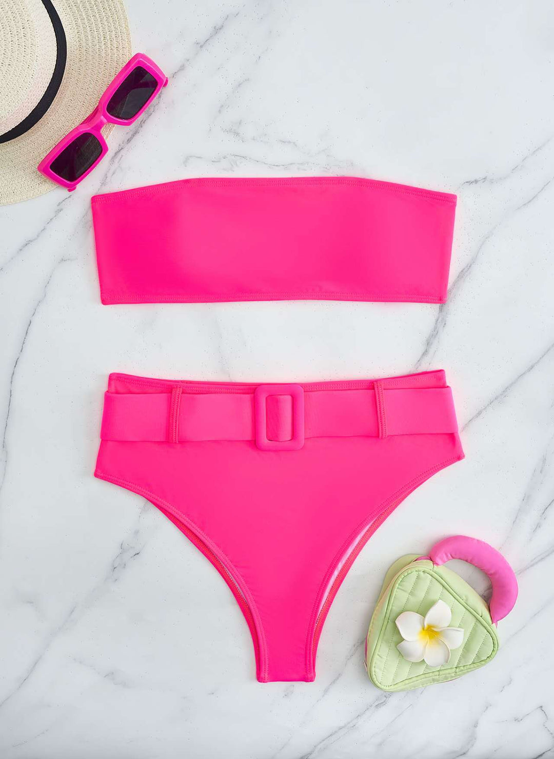 Damen Bandeau-Bikini-Set mit hoch taillierter Hose und trendigem Gürteldetail Drune