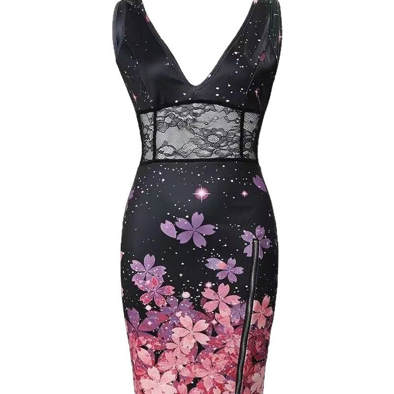 Damen Elegantes Blumenkleid mit tiefem V-Ausschnitt und Spitzen-Details Drune