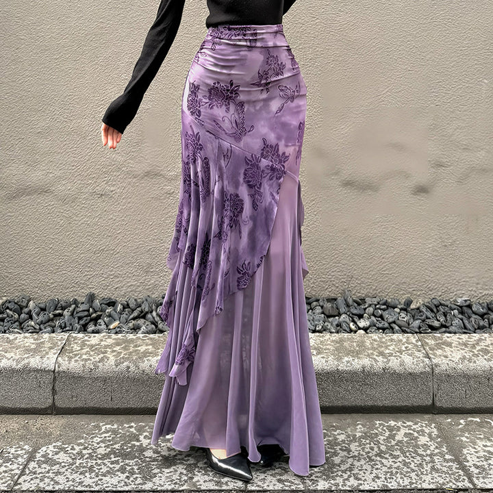 Damen Maxi-Rock mit floralem Design und asymmetrischem Schnitt Drune