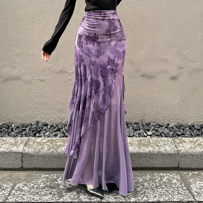 Damen asymmetrischer Maxirock mit floralen Details und transparenten Schichten Drune