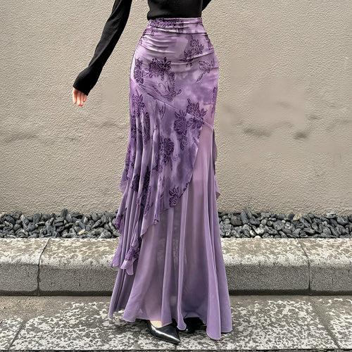 Damen asymmetrischer Maxirock mit floralen Details und transparenten Schichten Drune