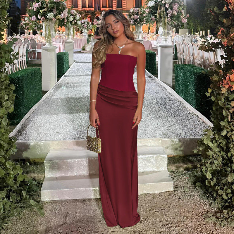 Damen Strapless Maxikleid mit fließendem Schnitt und Raffungen Drune