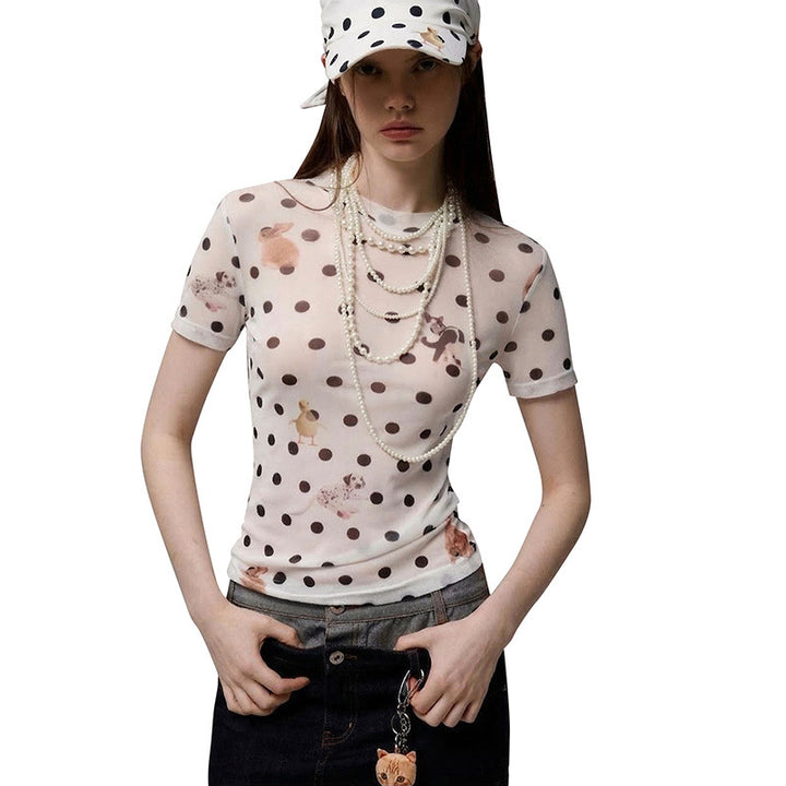 Damen Figurbetontes Polka-Dot T-Shirt mit verspieltem Tierdesign Drune