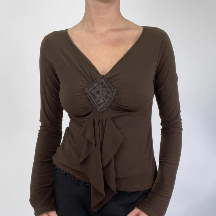 Damen nan figurbetontes Langarmshirt mit Drapé-Vorderteil und gehäkelter Mittelapplikation Drune