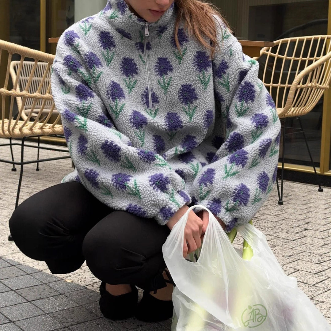 Damen Fleece-Pullover mit floralem Muster und hohem Kragen Drune