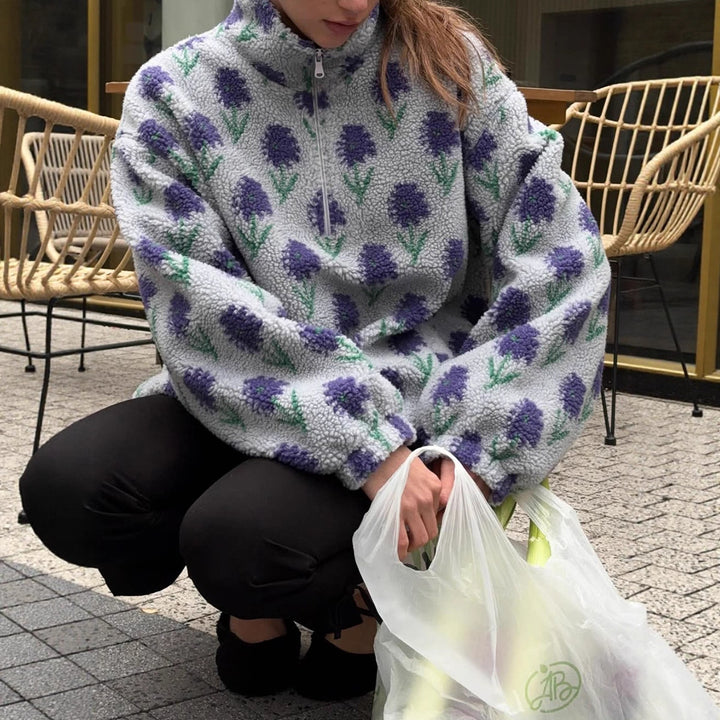 Damen Fleece-Pullover mit floralem Muster und hohem Kragen Drune