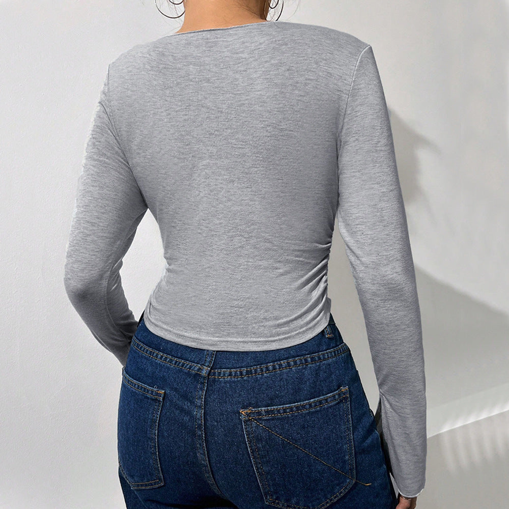 Damen Cropped Langarmshirt mit modischen Trompetenärmeln und elegantem V-Ausschnitt Drune