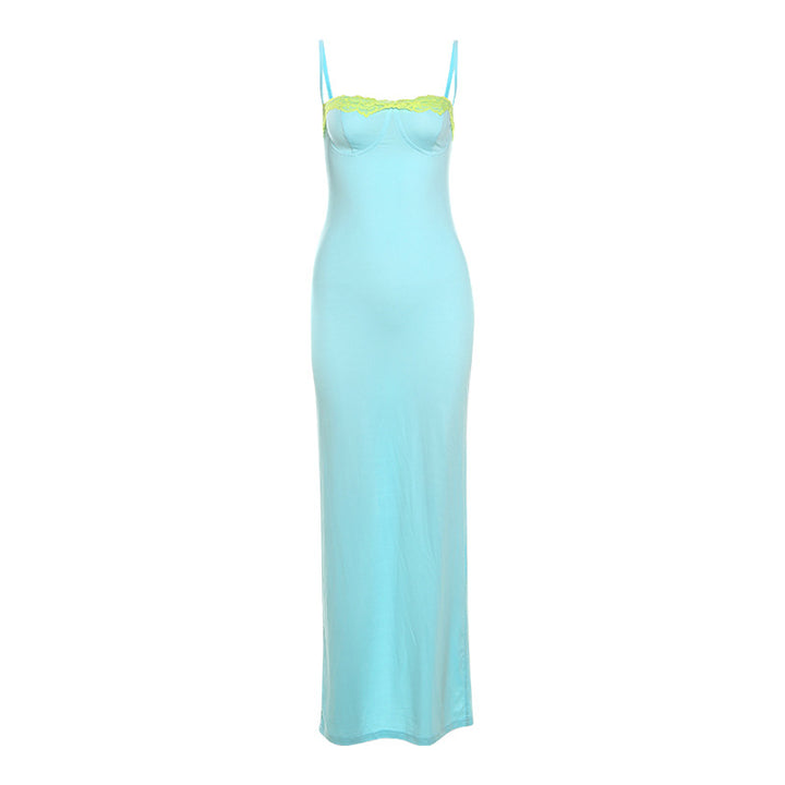 Damen Maxikleid mit Spitzenbesatz und zarten Spaghettiträgern Drune