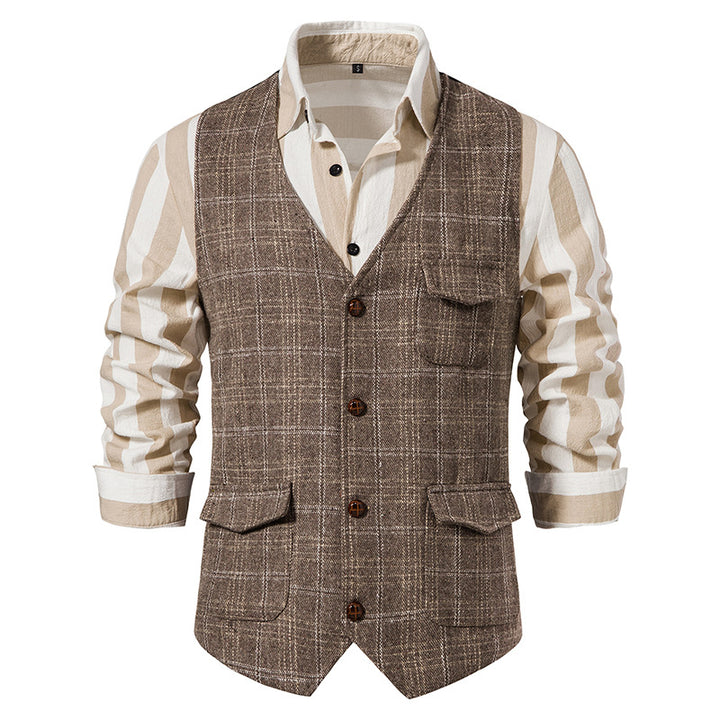 Herren nan kariertes Wollmix Gilet mit Brusttasche und aufgesetzten Seitentaschen Drune