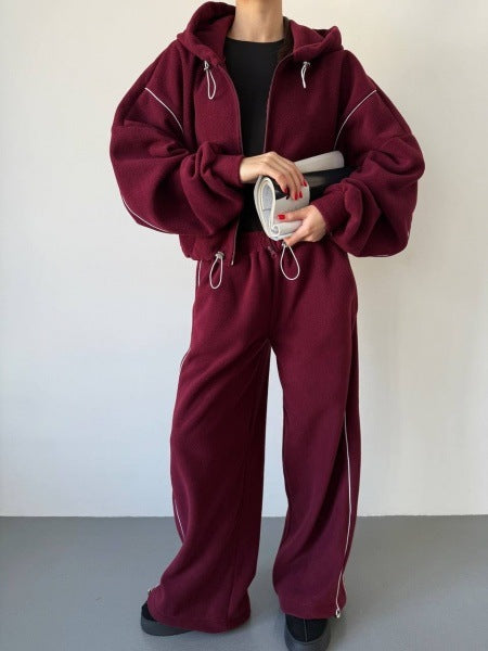 Damen lässiger Kapuzen-Sweatanzug mit weiten Hosen und seitlichem Streifen Drune