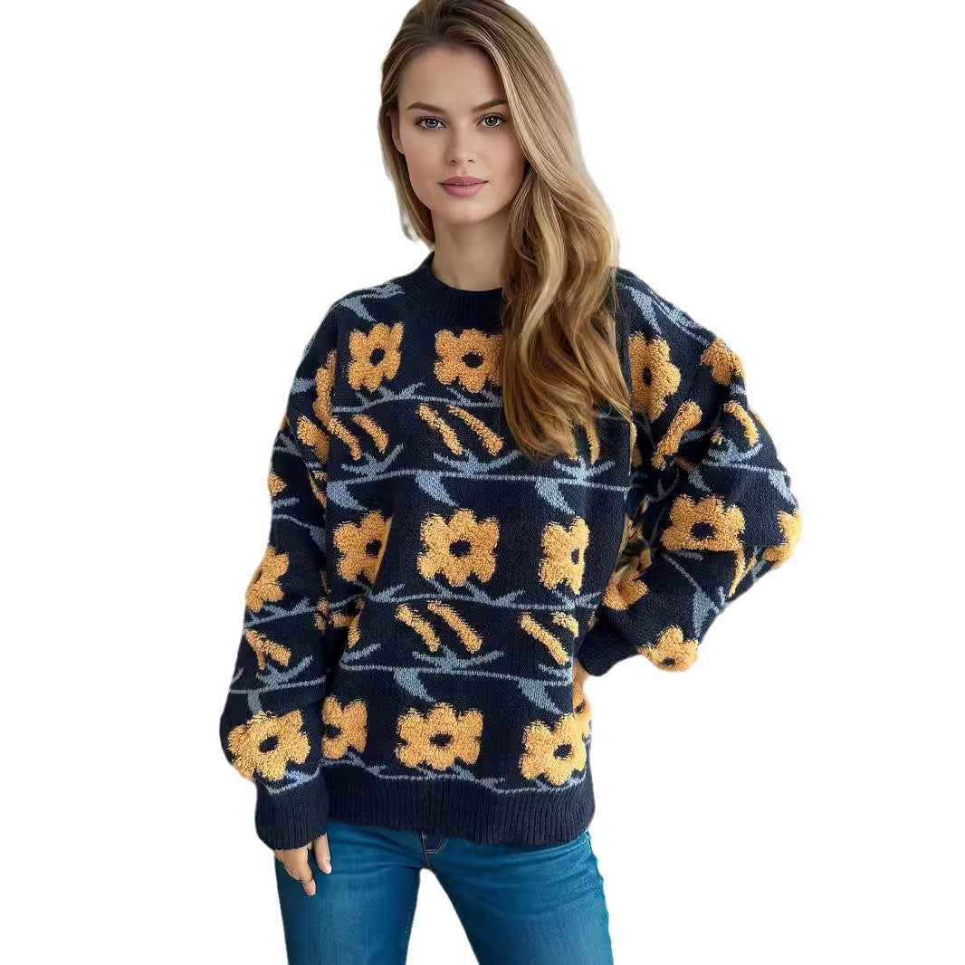 Damen kuscheliger Strickpullover mit floralen 3D-Applikationen Drune