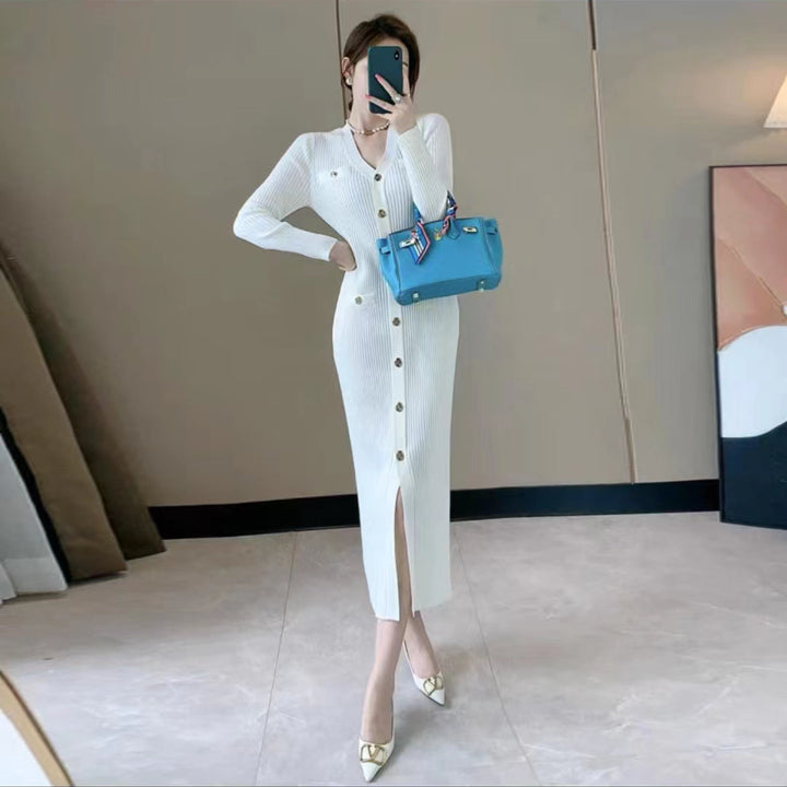 Damen Strickkleid mit Knopfleiste und tiefem Schlitz Drune