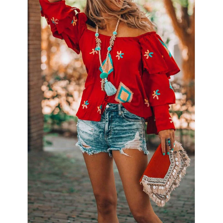 Damen Off-Shoulder Oberteil mit voluminösen Rüschen Drune