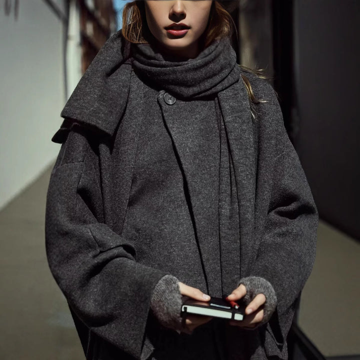 Damen asymmetrische Wickeljacke mit großem Kragen Drune