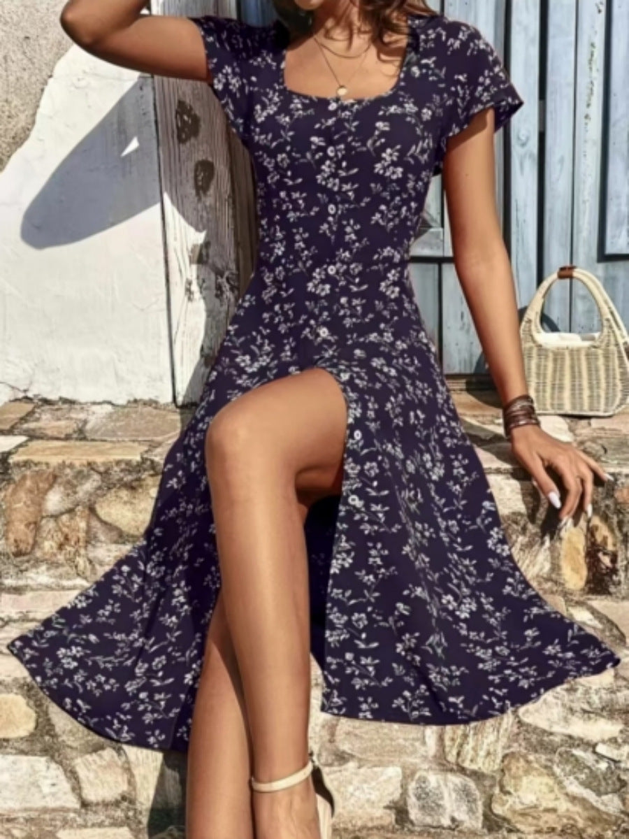 Damen Midi Kleid mit floralen Mustern und Knopfleiste Drune