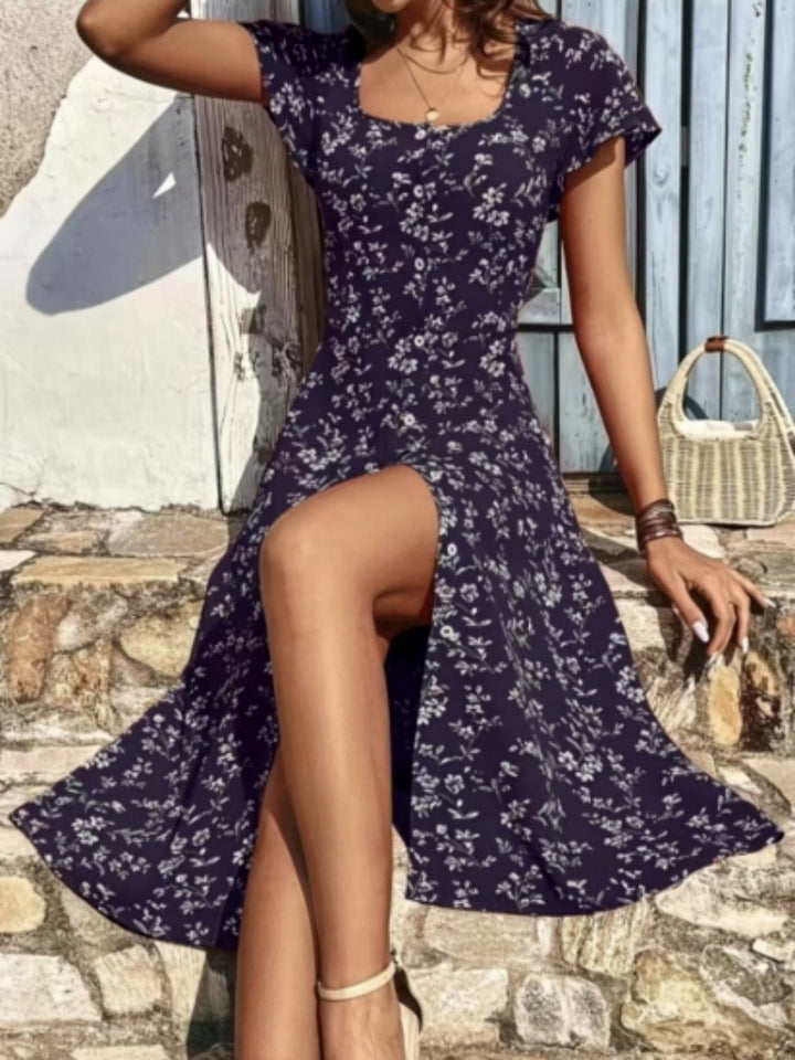 Damen Midi Kleid mit floralen Mustern und Knopfleiste Drune