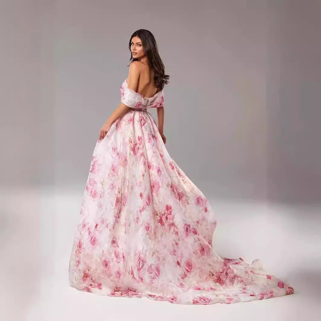 Damen Maxikleid mit schulterfreiem Design und floralen Mustern Drune