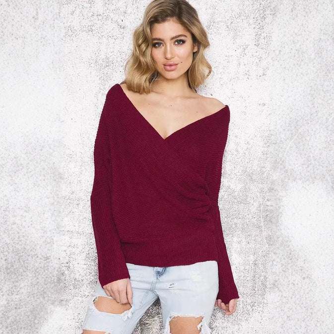 Damen lockerer Strickpullover mit weitem Kragen Drune