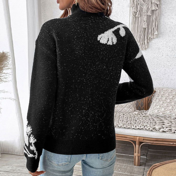 Damen modischer Strickpullover mit floralem Design und hohem Kragen Drune