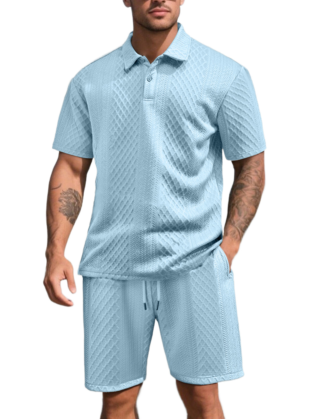 Herren nan dreidimensionales Relief-Freizeit-Set mit Polokragen, verdeckter Knopfleiste und elastischer Tunnelzugshorts Drune