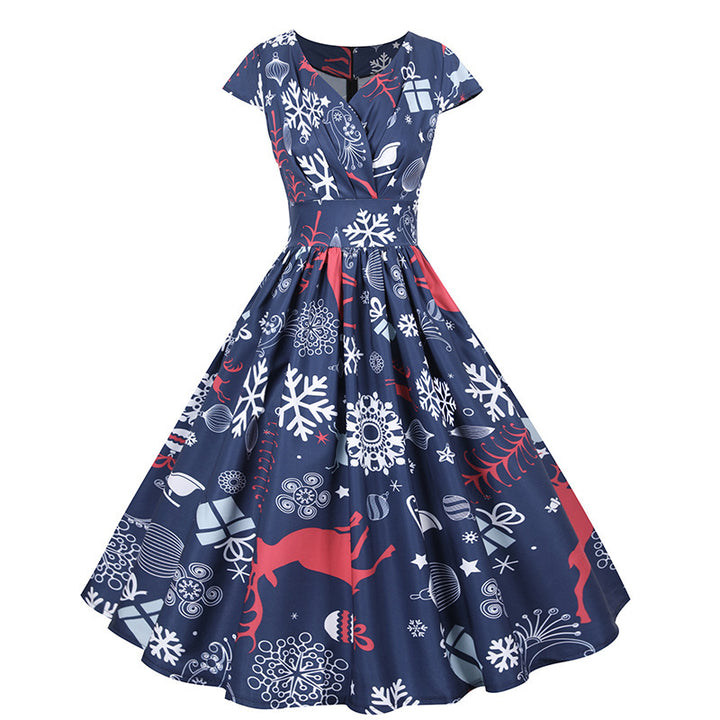 Damen Retro Weihnachtskleid mit ausgestelltem Rock und fantasievollem Print Drune