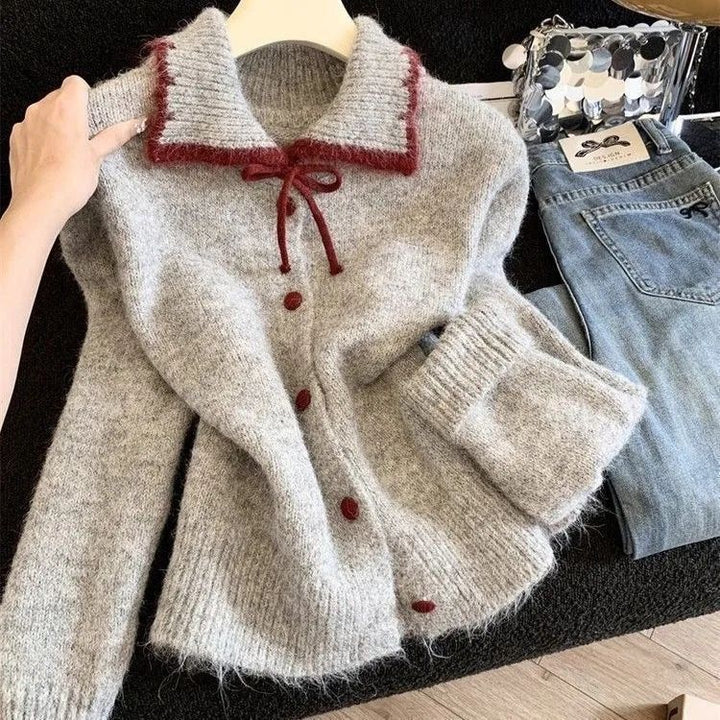 Damen Kuschelige Strickjacke mit großem Kragen und Knopf-Details Drune