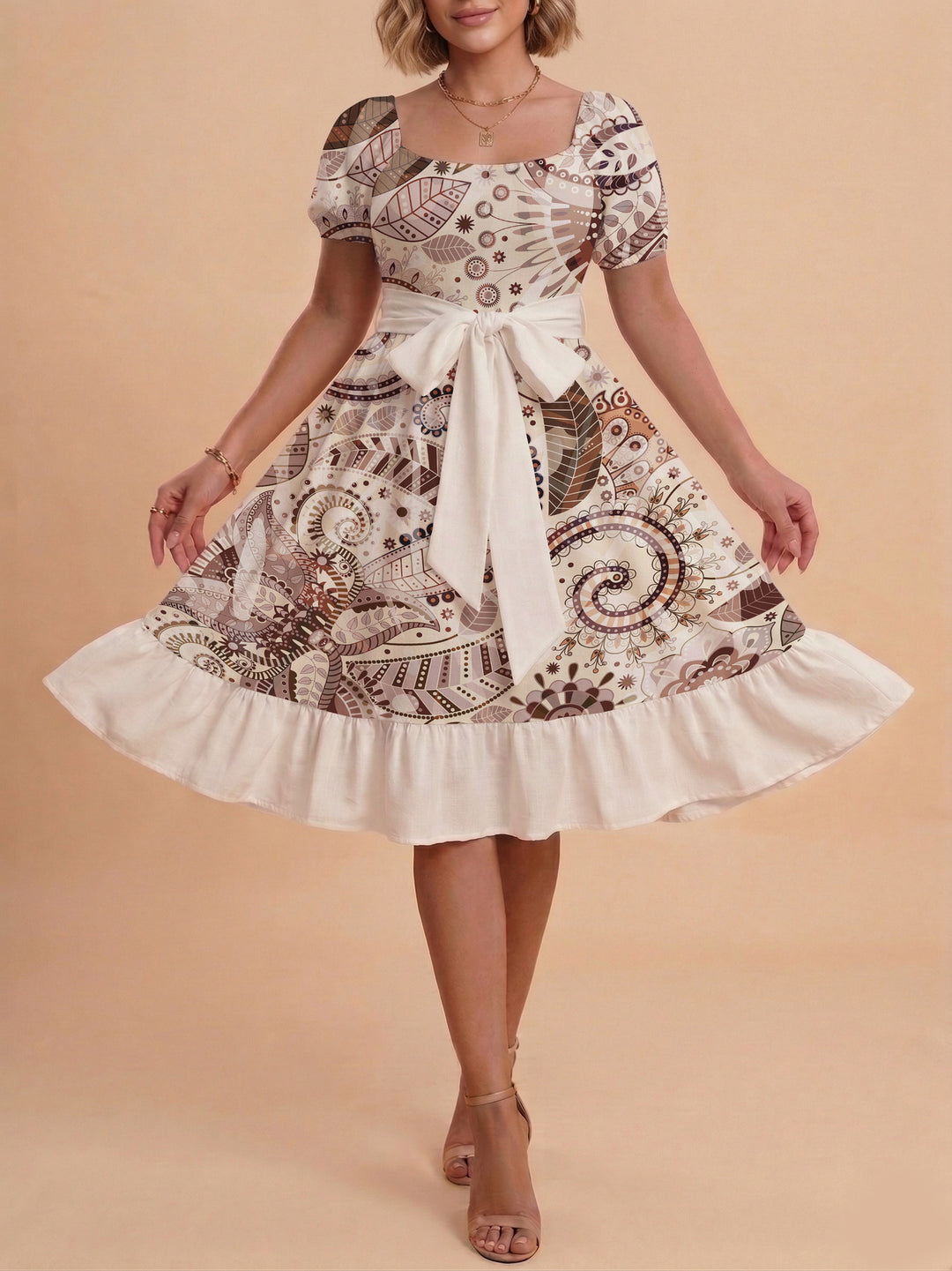 Damen modernes Blumenkleid mit elegantem Taillengürtel und asymmetrischem Saum Drune