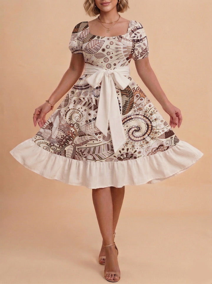 Damen modernes Blumenkleid mit elegantem Taillengürtel und asymmetrischem Saum Drune